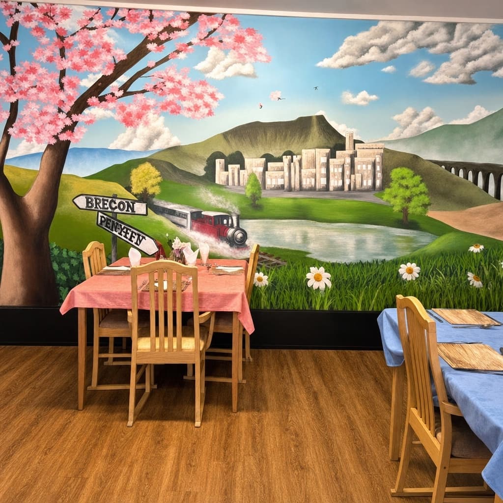 The dining room, with tables set beneath a hand-painted mural of the Brecon Beacons, a steam train and cherry blossom.