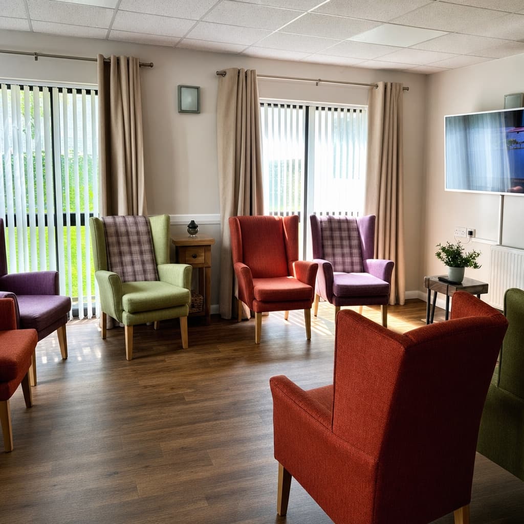 The bright main lounge, with purple and green wingback chairs by tall windows looking out to the garden.